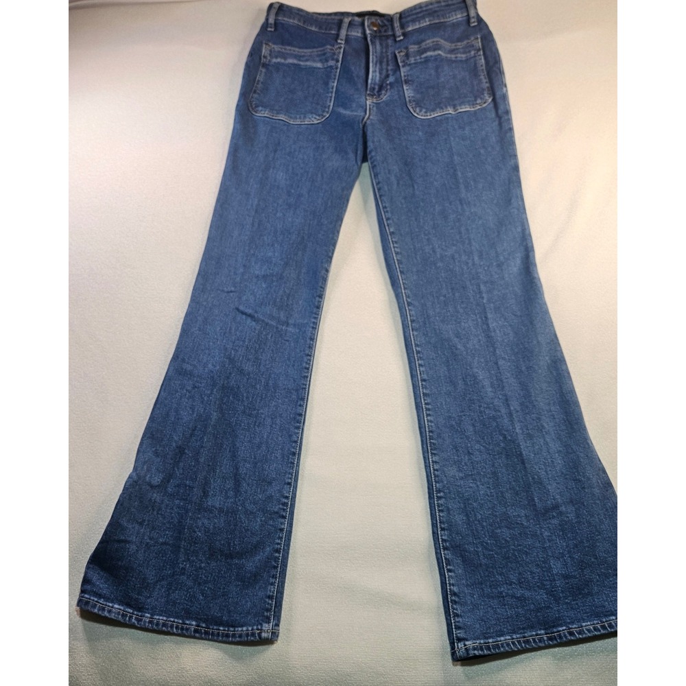 Free Assembly Womens Flare Jeans Size 10 Medium Wash High Rise Patch Pocket Blue